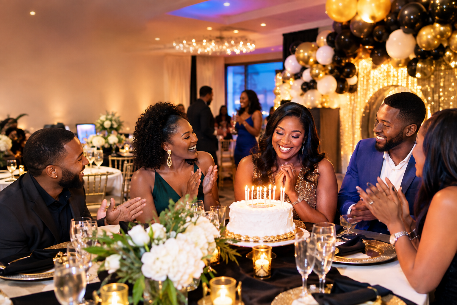 Elegant birthday party with guests celebrating around a cake at an event venue